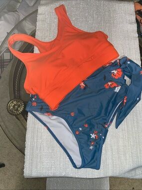 Orange & Navy Floral Bikini Bottoms Swim Set